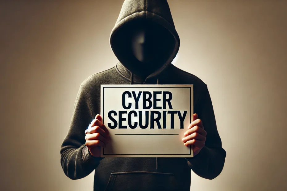 DALL·E 2024 11 25 19.33.49 A horizontal illustration of an anonymous person holding a sign that says Cybersecurity. The person is wearing a hooded sweatshirt to give an air of