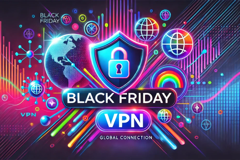 DALL·E 2024 11 25 20.14.30 A vibrant and colorful horizontal illustration featuring the text Black Friday VPN in bold modern font. The design includes glowing digital element